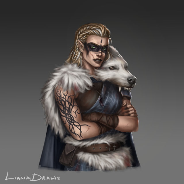 Liana Draws female half-elf paladin with blonde hair (including streaks of white hair in the braid) and a scar going through cheek and both lips wearing a fur cloak with white wolf head on shoulder DnD character illustration