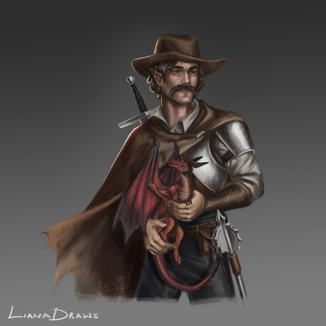 Liana Draws male half-elf paladin with dark salt-and-pepper hair and thick mustache resembling a cowboy holding a red pseudodragon in his arms waist-up DnD character drawing